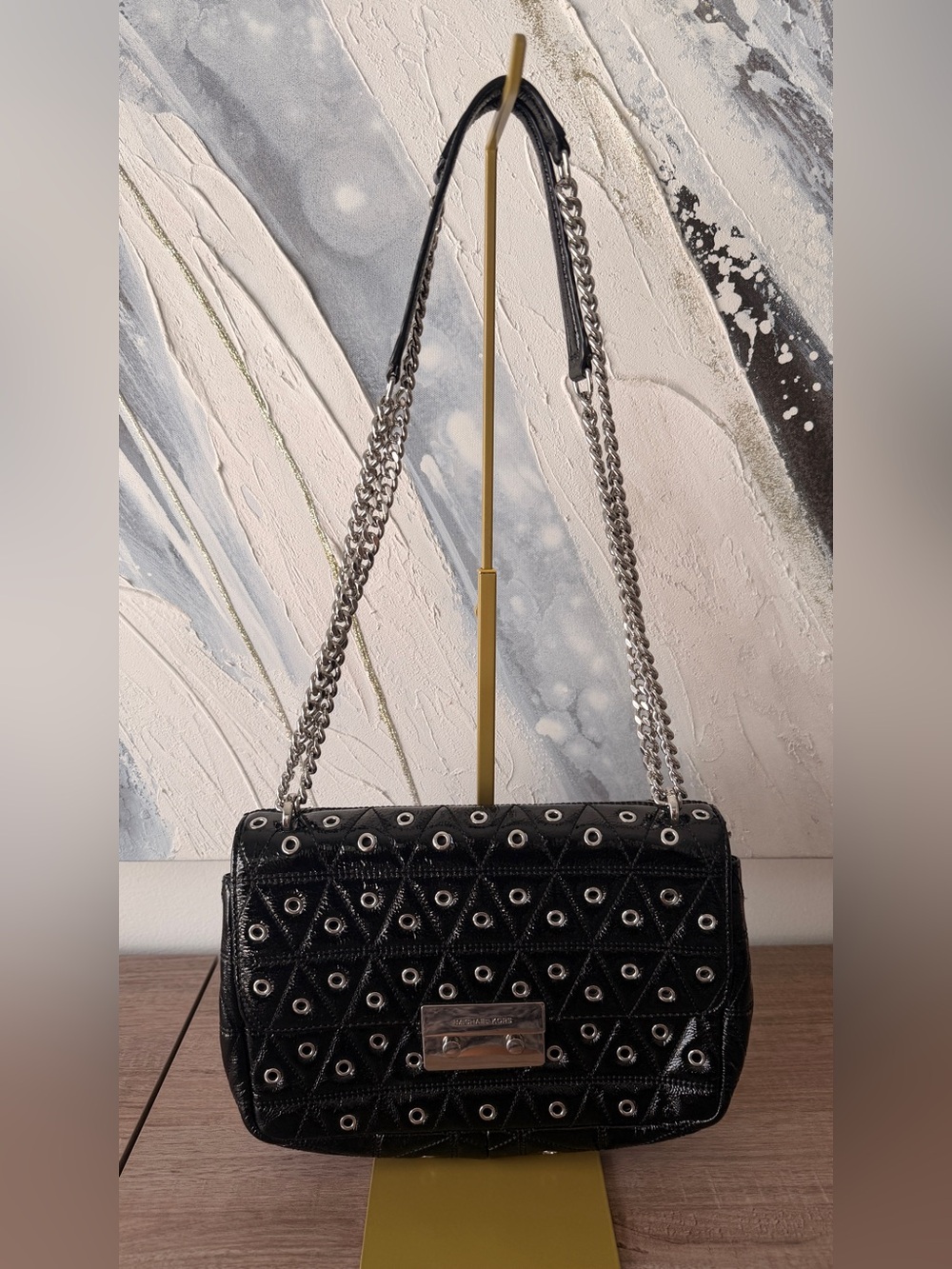 MICHAEL Michael Kors Black Quilted Eyelet Shoulder Bag with Silver Chain #y2k